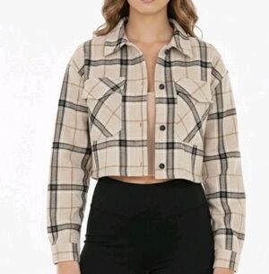 Shein Crop Top Plaid Tan and Black Shirt Sz M